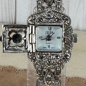 RARE Vintage LUCIDA Flip Top Marcasite quartz watch Silver Tone Bracelet